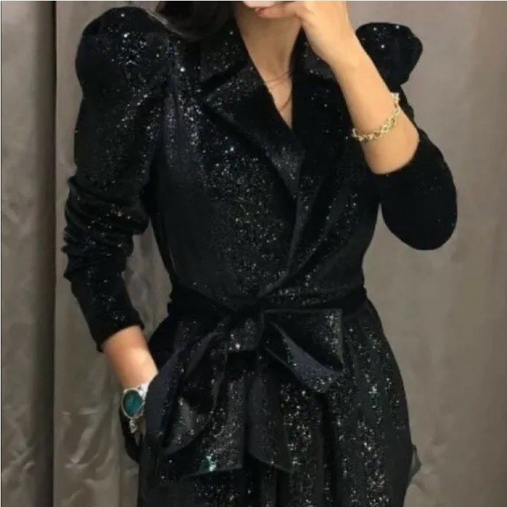 New ZARA Shiny Glittery Velvet Puff Sleeves Blazer Dress With Tie Belt - Picture 4 of 14